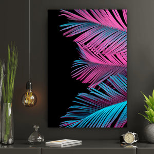 Spannrahmenbild Neon Palmblätter Hochformat