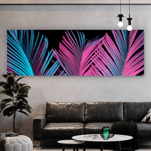 Spannrahmenbild Neon Palmblätter Panorama
