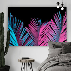 Spannrahmenbild Neon Palmblätter Querformat