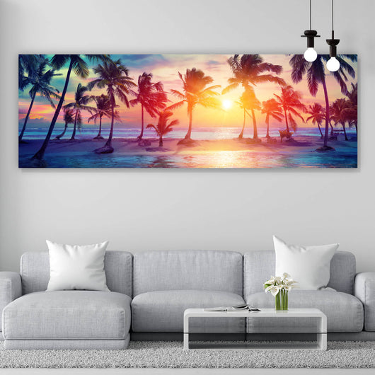 Acrylglasbild Palmen am Strand bei Sonnenuntergang Panorama