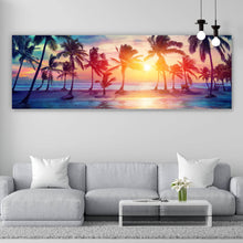 Lade das Bild in den Galerie-Viewer, Leinwandbild Palmen am Strand bei Sonnenuntergang Panorama
