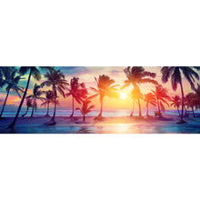 Lade das Bild in den Galerie-Viewer, Acrylglasbild Palmen am Strand bei Sonnenuntergang Panorama
