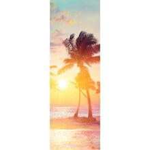 Lade das Bild in den Galerie-Viewer, Acrylglasbild Palmen am Strand bei Sonnenuntergang Panorama Hoch
