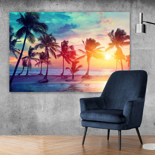 Querformat, & Leinwandbild am Wandguru Versandkostenfrei Sonnenuntergang Strand im bei – Aufhängefertig Palmen