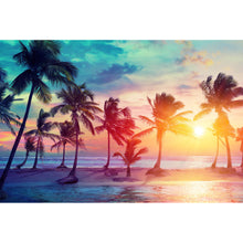 Lade das Bild in den Galerie-Viewer, Aluminiumbild gebürstet Palmen am Strand bei Sonnenuntergang Querformat
