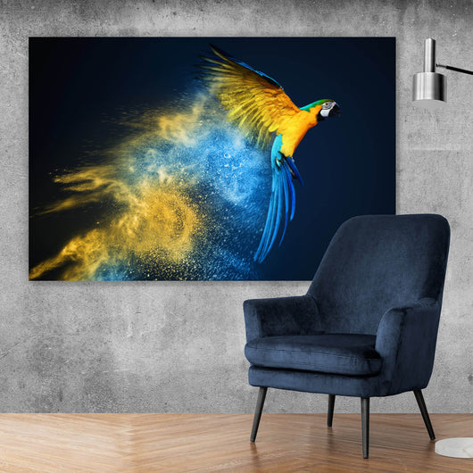Aluminiumbild Papagei über bunter Farbexplosion Querformat
