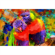 Lade das Bild in den Galerie-Viewer, Aluminiumbild gebürstet Papageien Paar Modern Art Querformat
