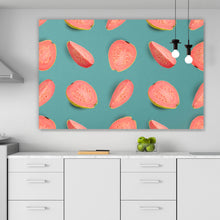 Lade das Bild in den Galerie-Viewer, Spannrahmenbild Pinke Früchte auf blauem Hintergrund Querformat
