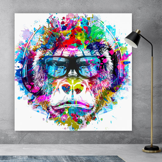 Aluminiumbild gebürstet Pop Art Affe mit Kopfhörer Quadrat