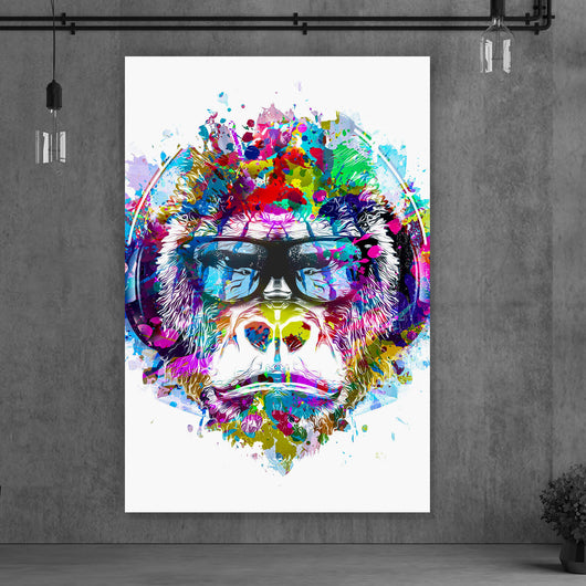 Spannrahmenbild Pop Art Affe mit Kopfhörer Hochformat