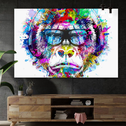 Spannrahmenbild Pop Art Affe mit Kopfhörer Querformat