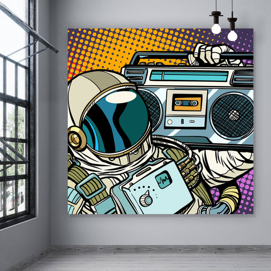 Aluminiumbild Pop Art Astronaut mit Musikbox Quadrat