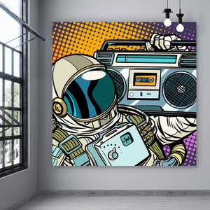 Leinwandbild Pop Art Astronaut mit Musikbox Quadrat