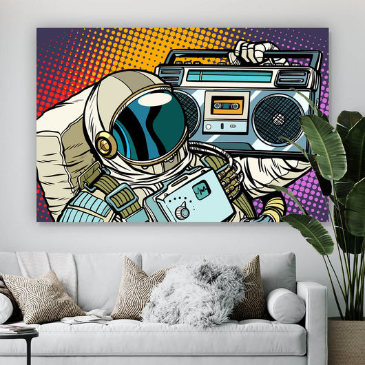 Spannrahmenbild Pop Art Astronaut mit Musikbox Querformat