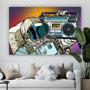 Aluminiumbild Pop Art Astronaut mit Musikbox Querformat