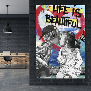 Leinwandbild Pop Art Kissing Kids Beach Hochformat
