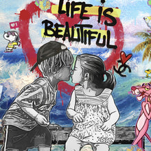 Lade das Bild in den Galerie-Viewer, Aluminiumbild gebürstet Pop Art Kissing Kids Beach Quadrat
