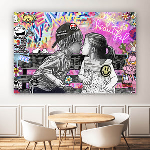 Leinwandbild Pop Art Kissing Kids Querformat