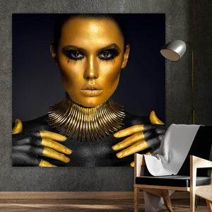 Leinwandbild Portrait einer Frau Schwarz Gold Quadrat
