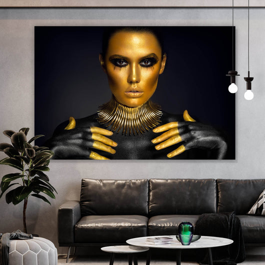 Aluminiumbild gebürstet Portrait einer Frau Schwarz Gold Querformat