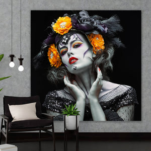 Acrylglasbild La Catrina mit orangenen Blumen Quadrat