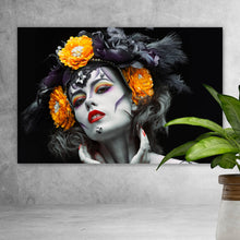 Lade das Bild in den Galerie-Viewer, Aluminiumbild La Catrina mit orangenen Blumen Querformat
