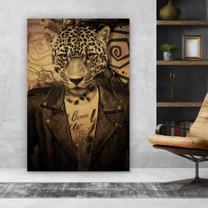 Aluminiumbild Portrait mit Leopardenkopf Grunge Hochformat