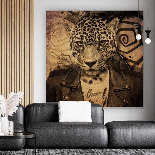 Acrylglasbild Portrait mit Leopardenkopf Grunge Quadrat