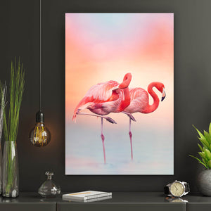 Aluminiumbild gebürstet Rosa Flamingo Paar Hochformat