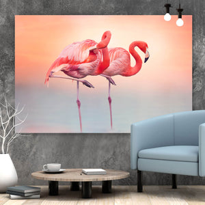 Aluminiumbild gebürstet Rosa Flamingo Paar Querformat