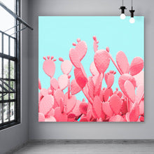 Lade das Bild in den Galerie-Viewer, Leinwandbild Rosa Kakteen auf Türkis Quadrat
