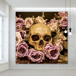 Poster Schädel auf Rosen Quadrat