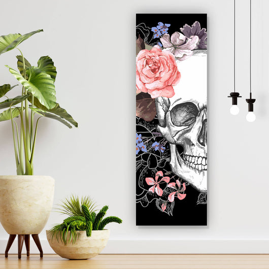 Poster Schädel und Blumen Panorama Hoch