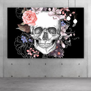 Aluminiumbild Schädel und Blumen Querformat