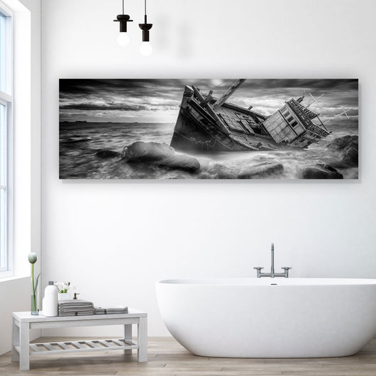 Spannrahmenbild Schiffswrack Schwarz Weiß Panorama