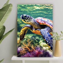 Lade das Bild in den Galerie-Viewer, Aluminiumbild gebürstet Schildkröte im bunten Meer Hochformat
