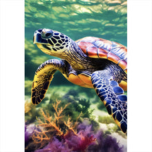 Lade das Bild in den Galerie-Viewer, Aluminiumbild gebürstet Schildkröte im bunten Meer Hochformat
