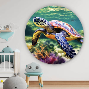Aluminiumbild Schildkröte im bunten Meer Kreis