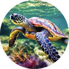 Lade das Bild in den Galerie-Viewer, Aluminiumbild gebürstet Schildkröte im bunten Meer Kreis
