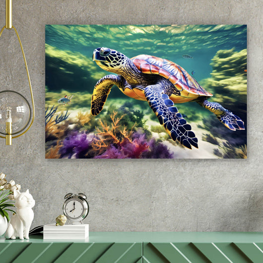 Spannrahmenbild Schildkröte im bunten Meer Querformat