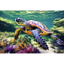 Lade das Bild in den Galerie-Viewer, Aluminiumbild gebürstet Schildkröte im bunten Meer Querformat
