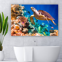 Lade das Bild in den Galerie-Viewer, Aluminiumbild gebürstet Schildkröte unter Wasser Querformat
