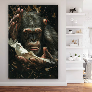 Poster Schimpanse hält sanft eine weiße Taube Hochformat