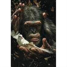 Lade das Bild in den Galerie-Viewer, Acrylglasbild Schimpanse hält sanft eine weiße Taube Hochformat
