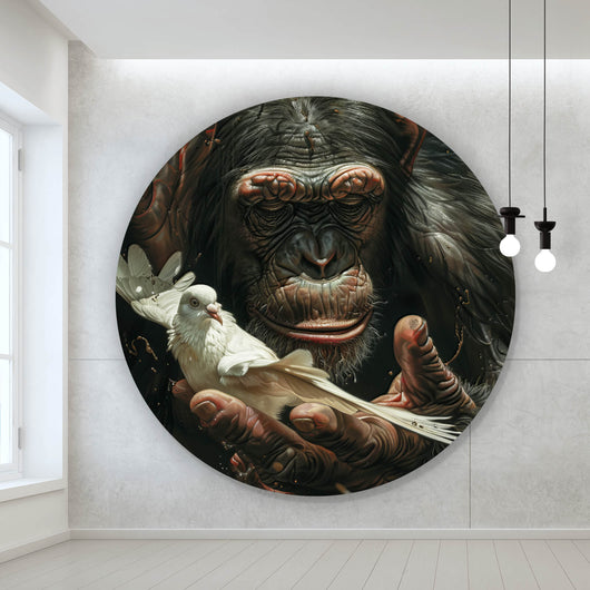 Aluminiumbild Schimpanse hält sanft eine weiße Taube Kreis