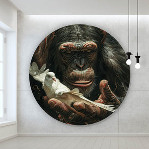 Aluminiumbild gebürstet Schimpanse hält sanft eine weiße Taube Kreis