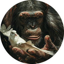 Lade das Bild in den Galerie-Viewer, Aluminiumbild Schimpanse hält sanft eine weiße Taube Kreis
