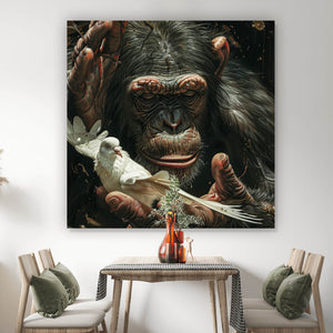 Acrylglasbild Schimpanse hält sanft eine weiße Taube Quadrat