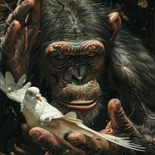 Lade das Bild in den Galerie-Viewer, Acrylglasbild Schimpanse hält sanft eine weiße Taube Quadrat
