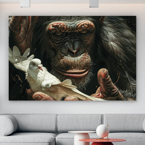 Aluminiumbild gebürstet Schimpanse hält sanft eine weiße Taube Querformat